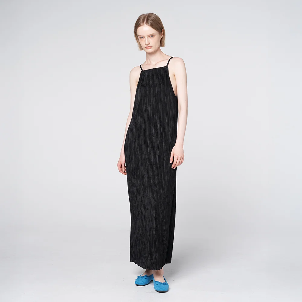 Pleated Slip Long Dress Black