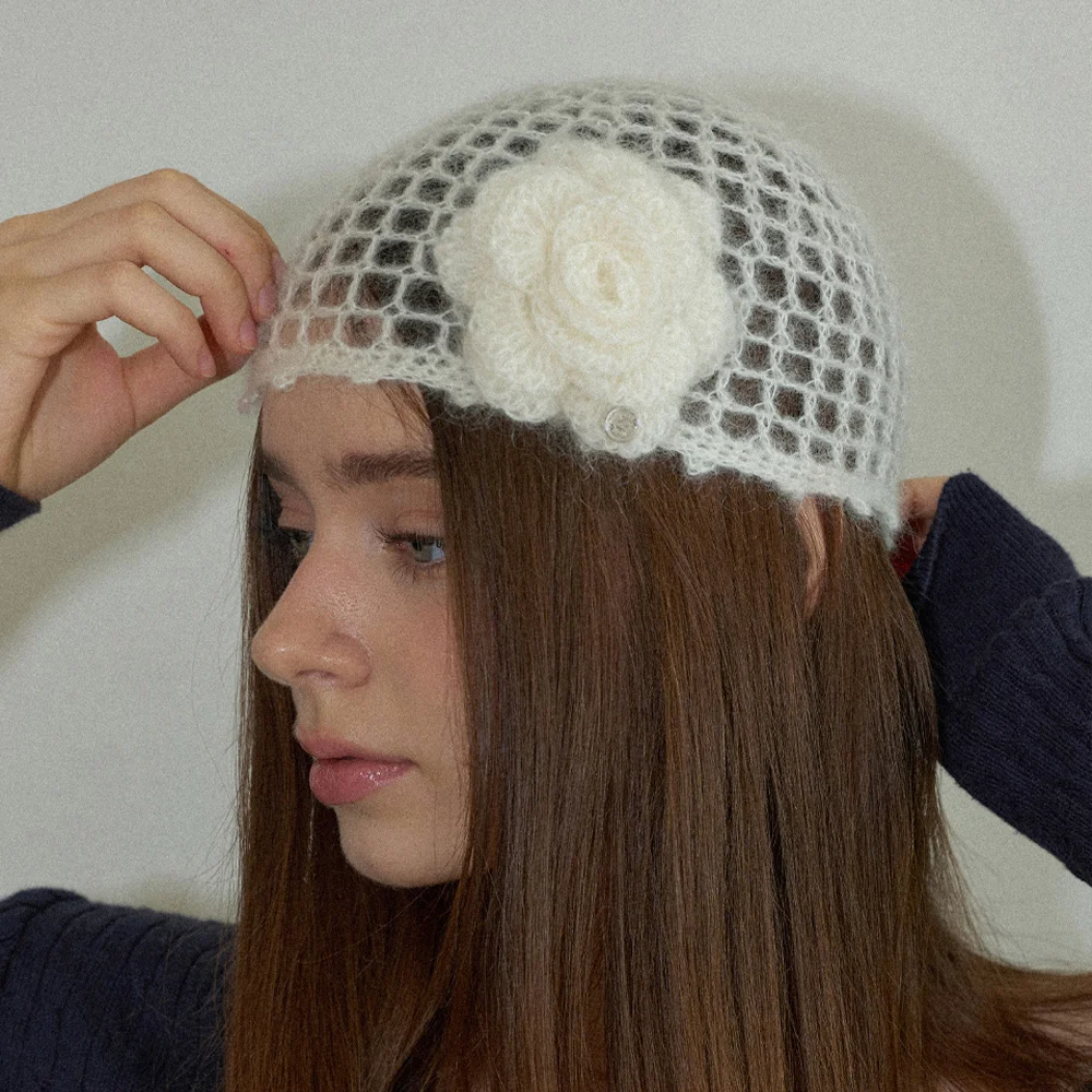 Camellia Handmade Crochet Mohair Knit Punching Short Beanie _ Cream