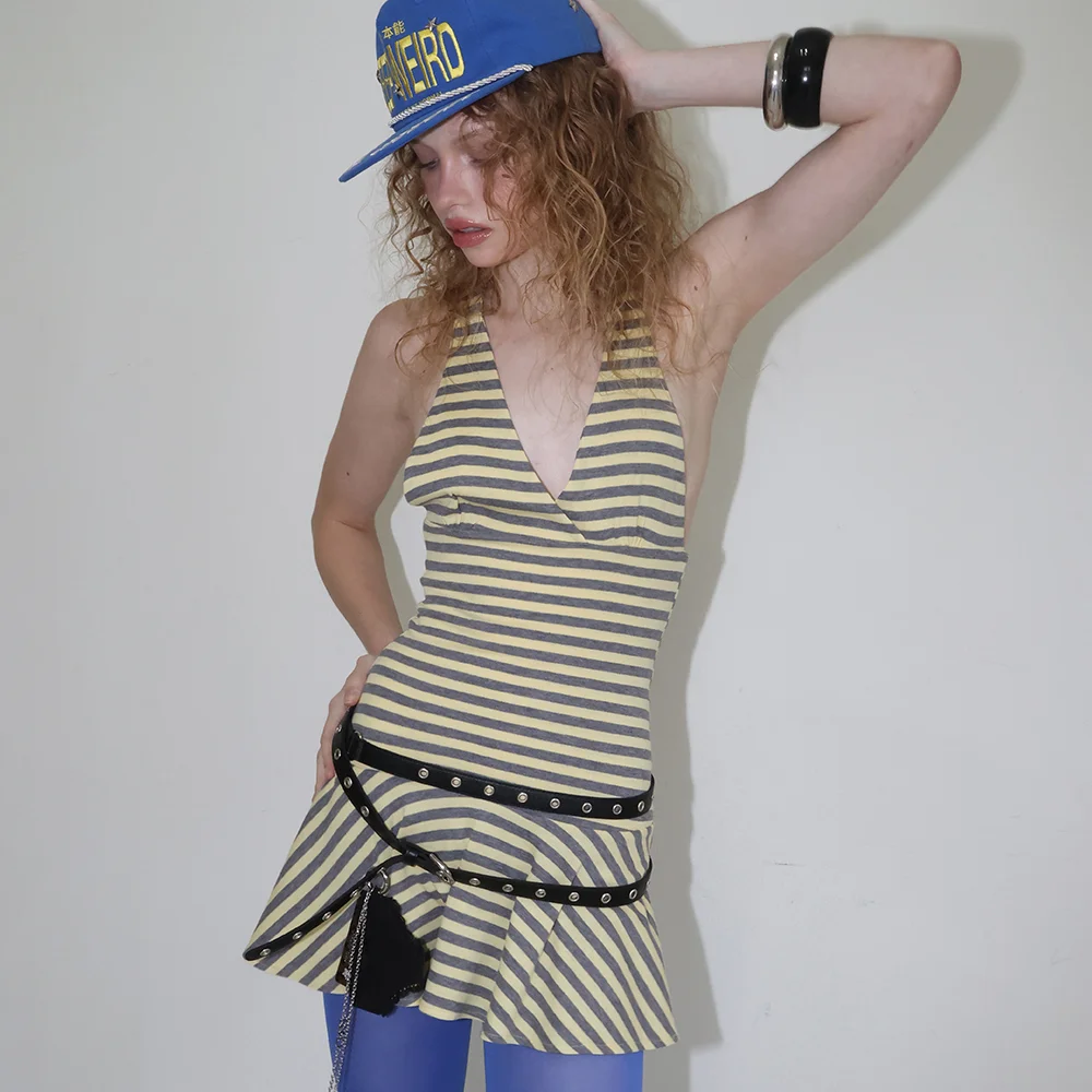 LOW BACK STRIPE HALTER DRESS_YELLOW