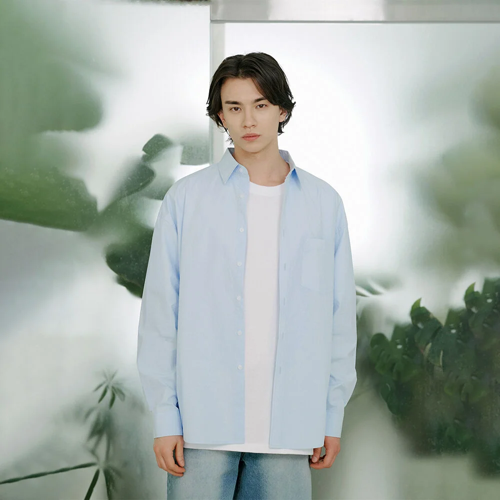 (MEN) 純棉 寬鬆版型 基本款 襯衫 天藍色 藍色