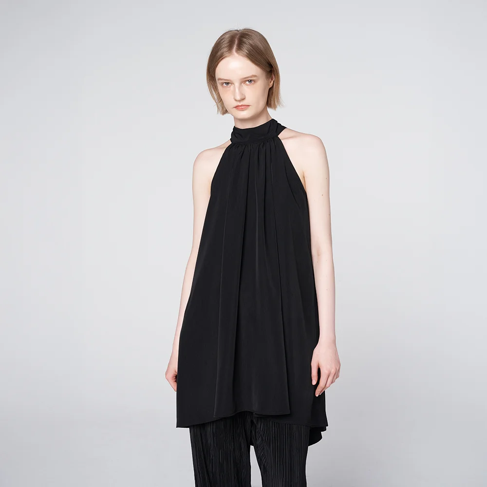 Halter Neck Shirring Asymmetric Mini Dress Black