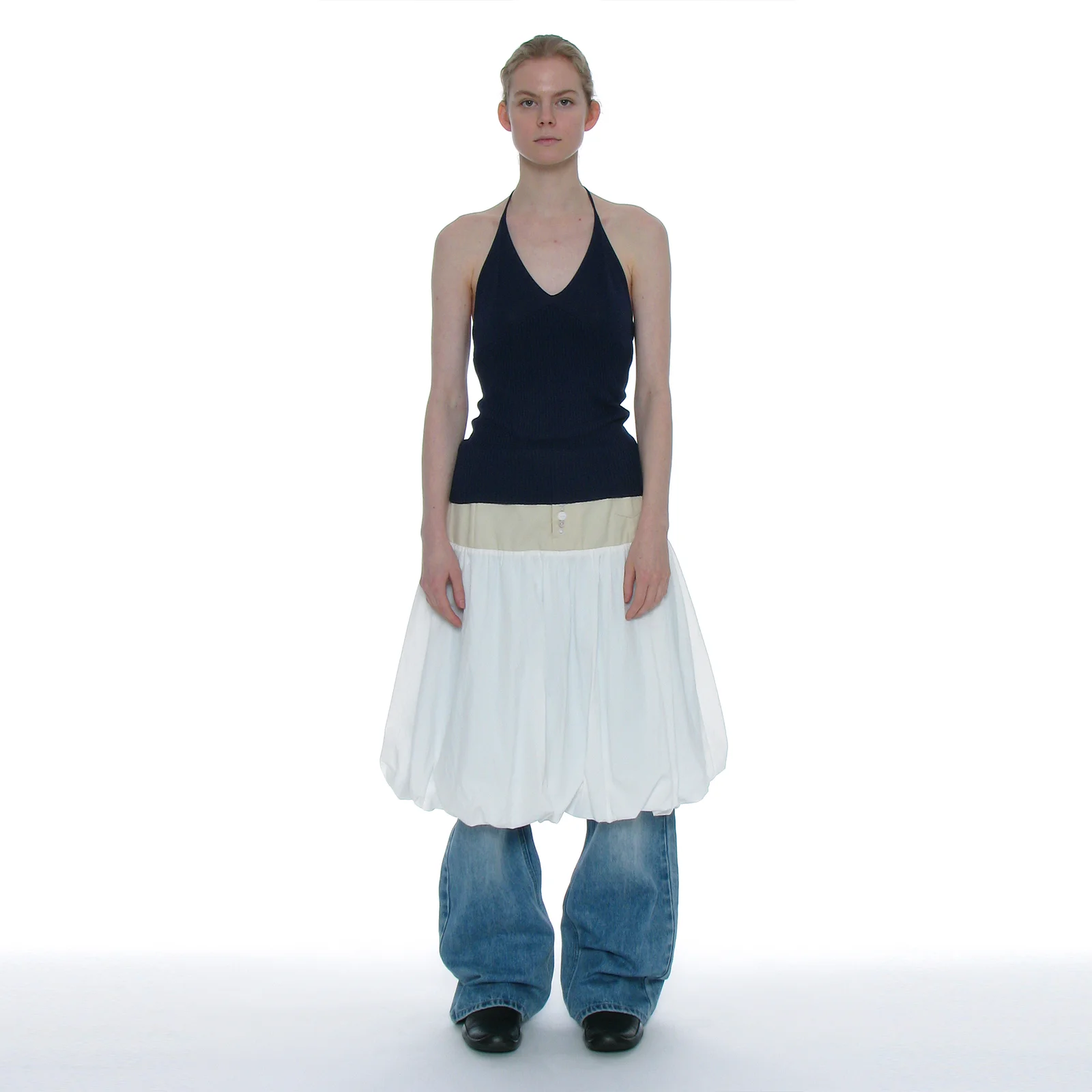 BUTTON POINTED PUFF MIDI SKIRT_WHITE