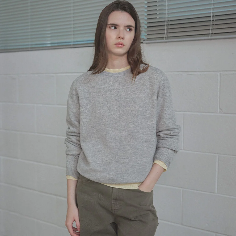 CASHMERE BLENDED ROUND WOOL KNIT _Light gray