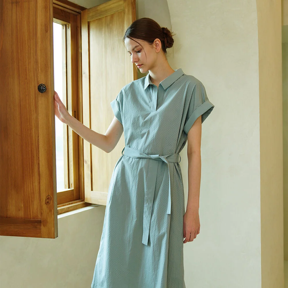 Punching Detail Collar Neck Dress _ L.Blue
