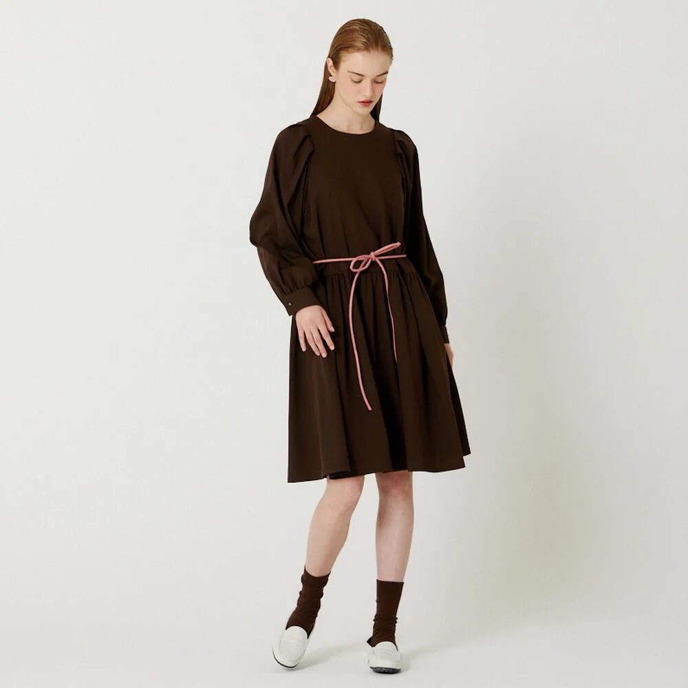 PUFF SHIRRING MINI WOOL DRESS(BROWN)