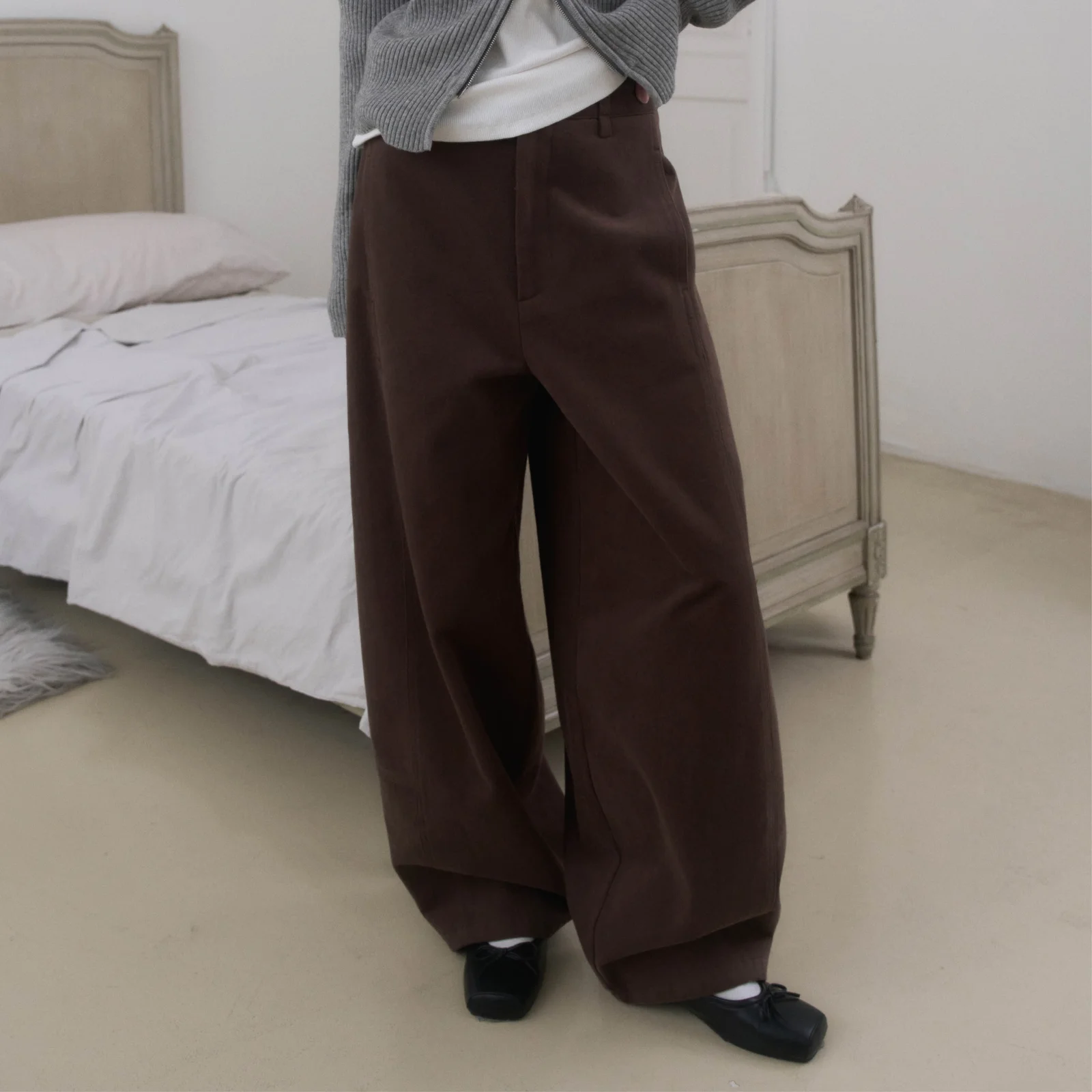 弧形 寬版 純棉 褲子 (啡色)