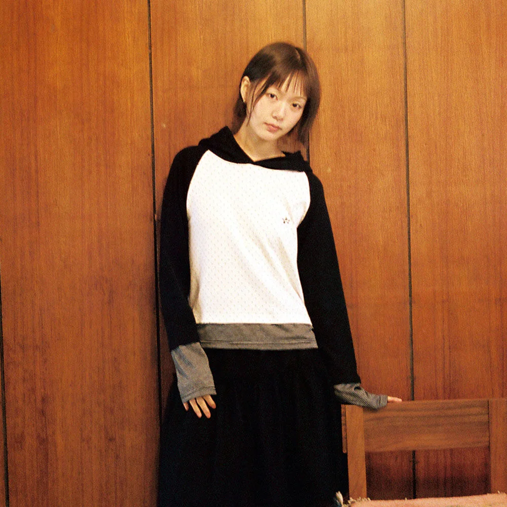 DOT STRIPE LAYERD HOODED L/S TEE_BLACK(IK2FFFT554A)