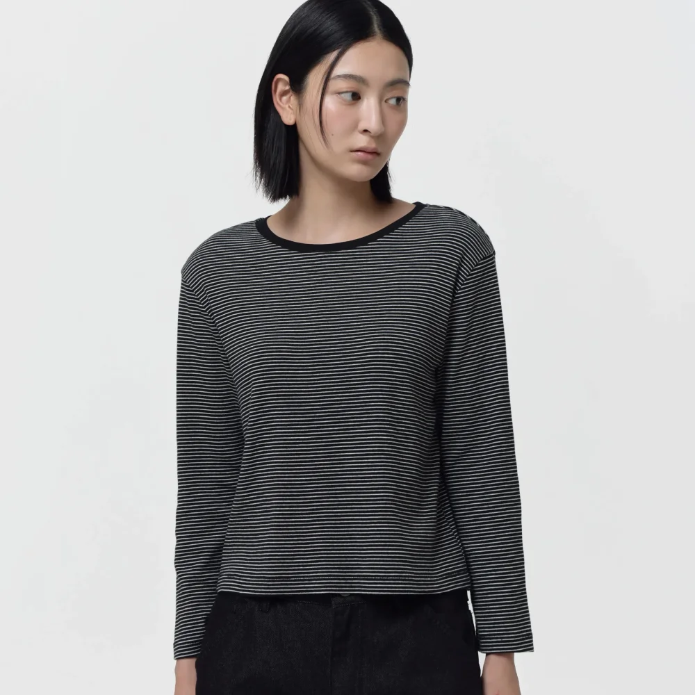 MID SLEEVE STRIPE TOP / BLACK