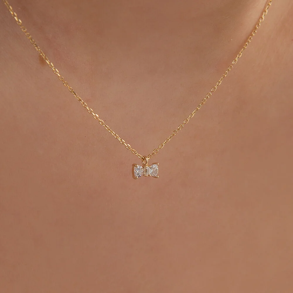 14k 迷你 法棍袋 蝴蝶結 吊墜 頸鏈 (14k金色) #LFN05