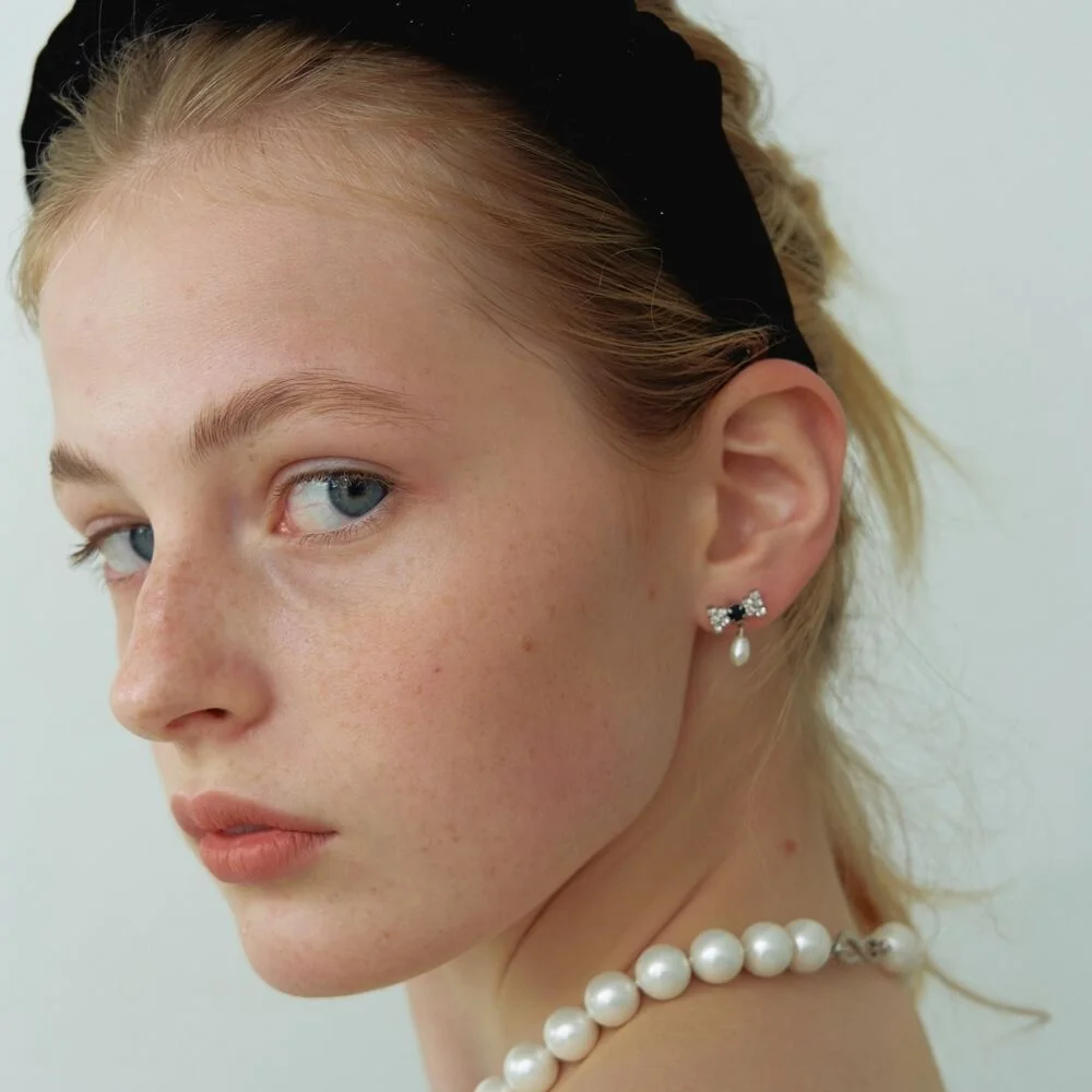 Cubic Ribbon & Pearl Earrings