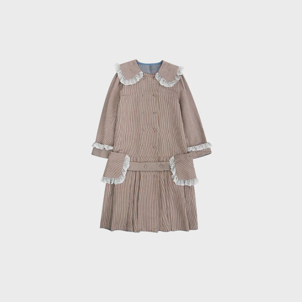 (limited)ruffle lace trench coat in brown stripe