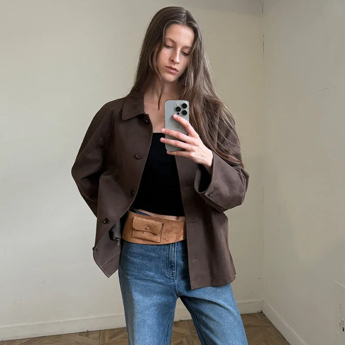 SUEDE SINGLE HALF COAT - BROWN
