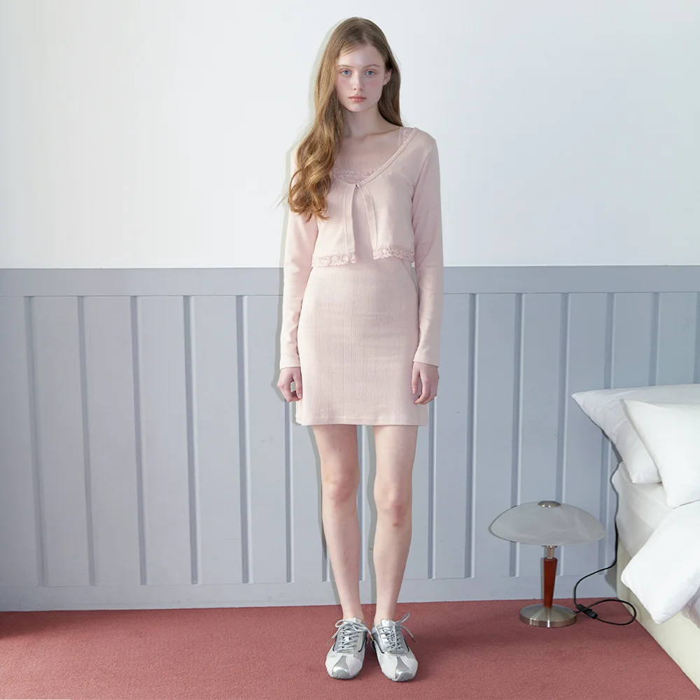 eyelet lace string one piece & cardigan - blush pink