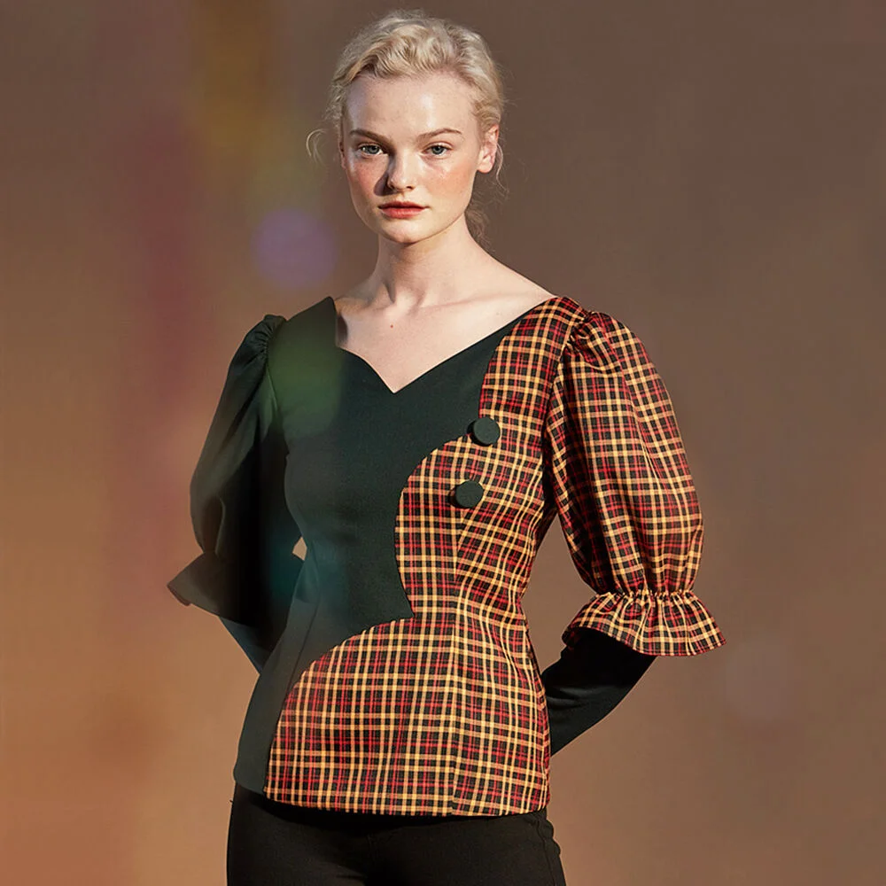 Unbalanced puff sleeve blouse