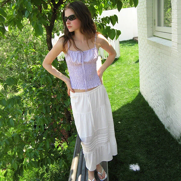 PINTUCK LACE TIERED LONG SKIRT WHITE