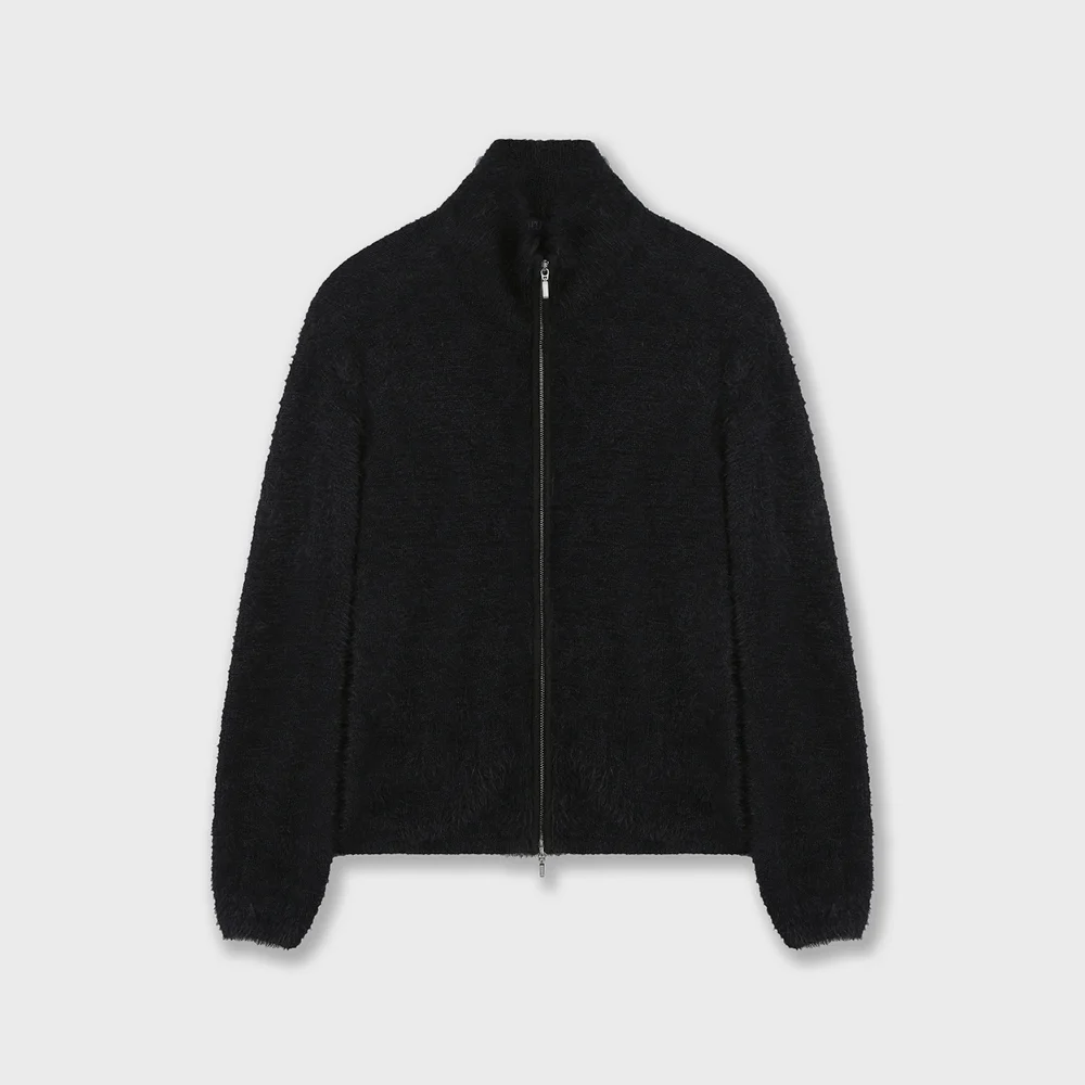 HAIRY KNIT HIGH NECK ZIP-UP BLACK