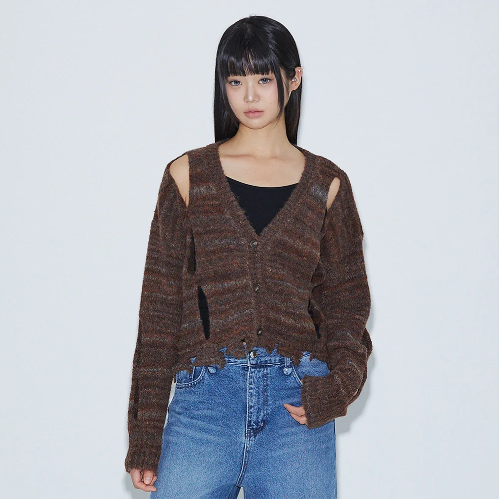 SIDE SLIT DISTRESSED CARDIGAN BROWN BQ4KG008