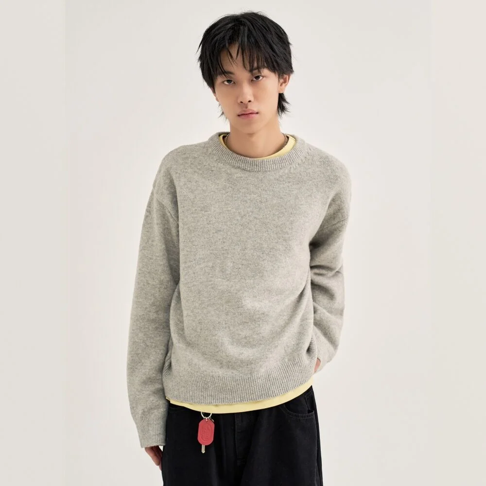Wool Touch 短版 圓領 針織衫_麻花灰