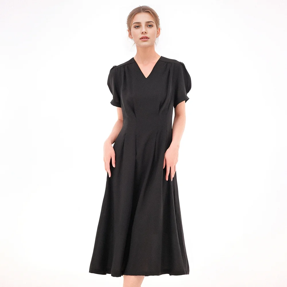 V neck Linen Dress _Black