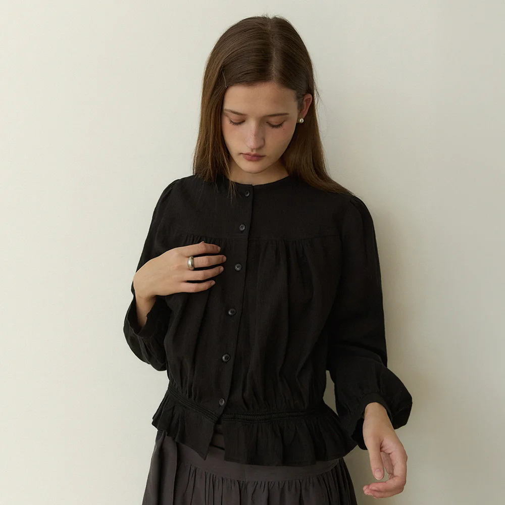 Jacquard shirring lace stripe blouse - black