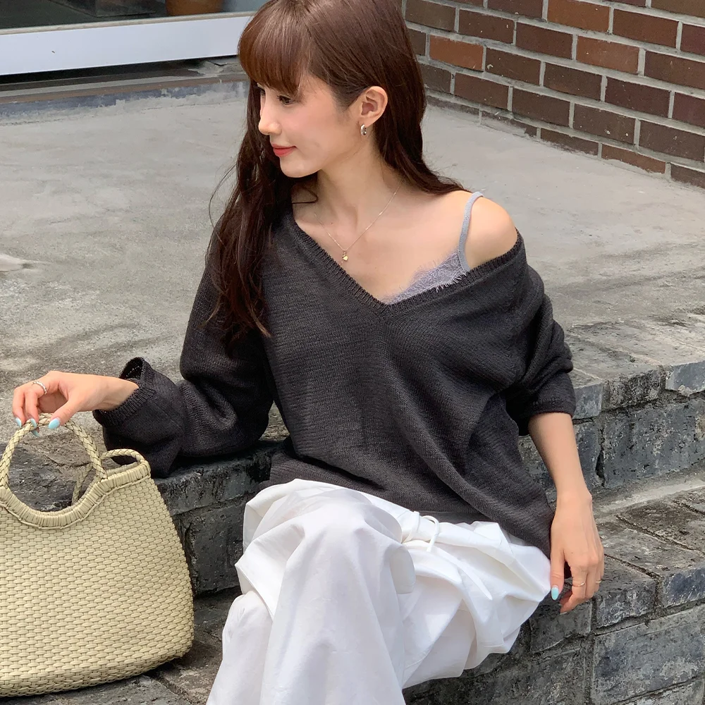 Paper v-neck knit _Charcoal