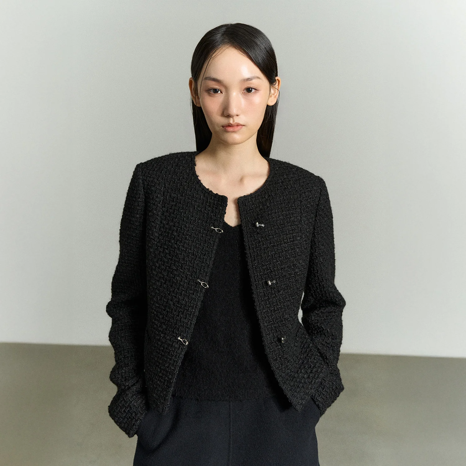 WOOL BLEND TOGGLE-FASTENING TWEED JACKET BLACK