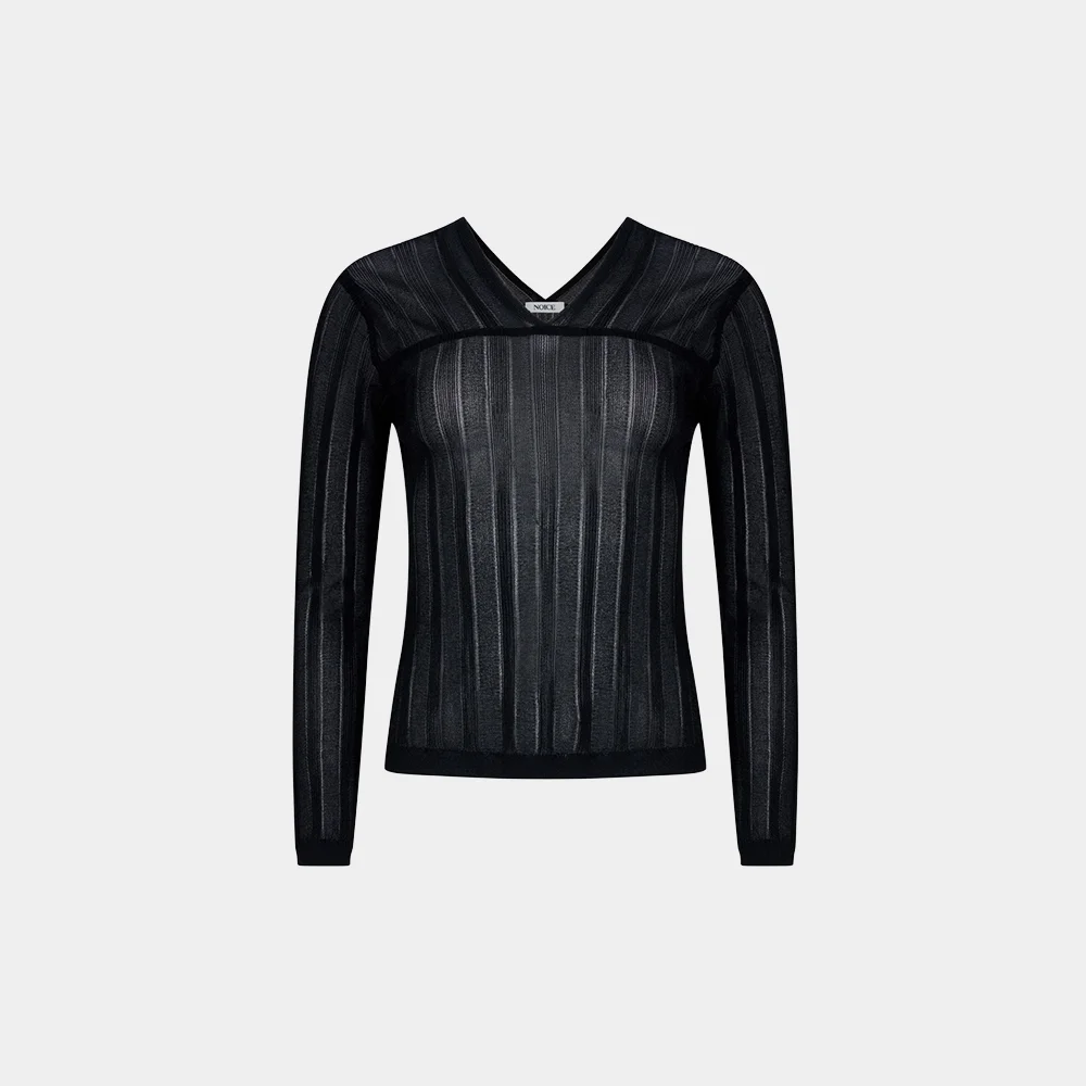 (W) RIBBED TRANSPARENT KNIT TOP - BLACK