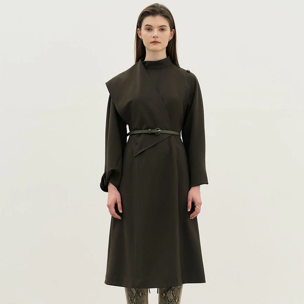 4W Muffler Layered Sleeve Twist Dress - dark olive