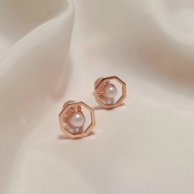 OKTO STUD HANGING PEARL EARRINGS ROSE GOLD