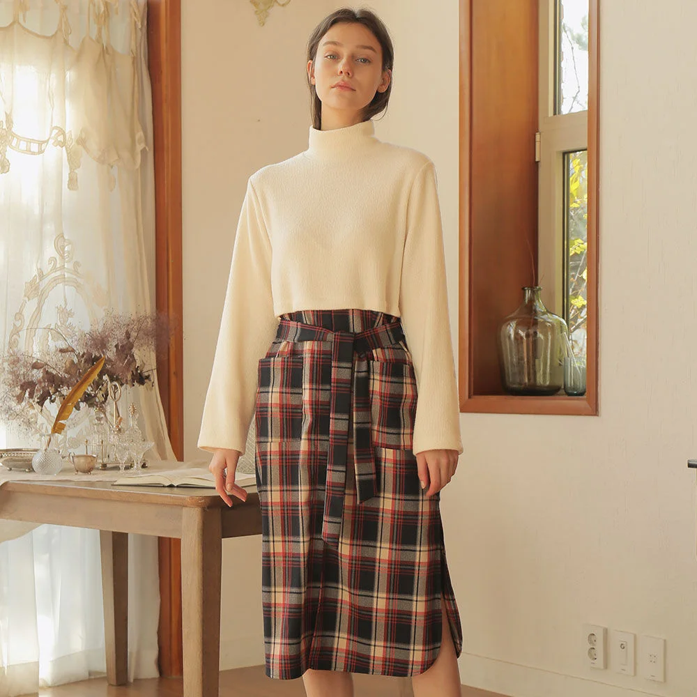 CHECK LAYERED TURTLENECK ONE-PIECE_IVORY