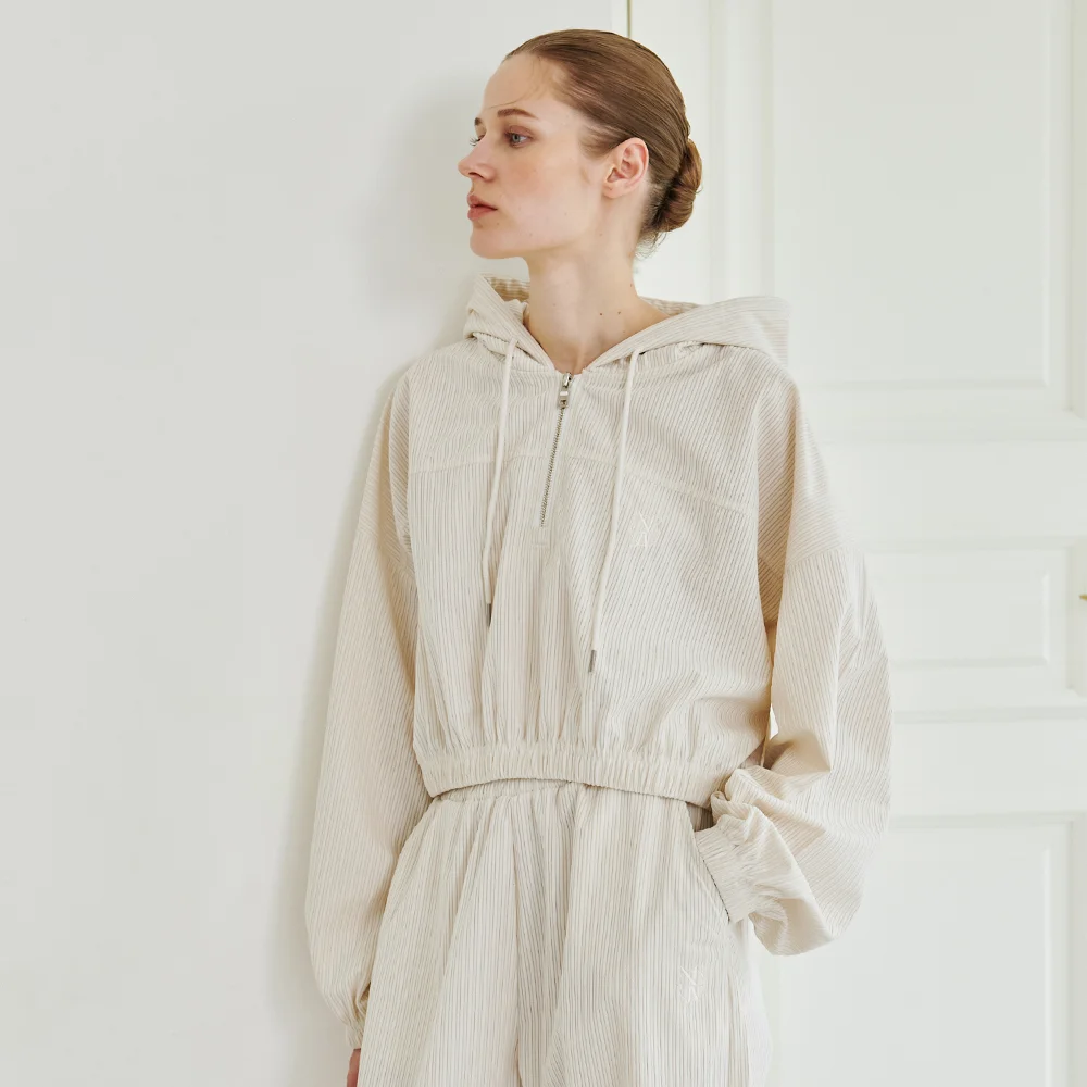 Corduroy Half Zip up T-Shirt - Ivory