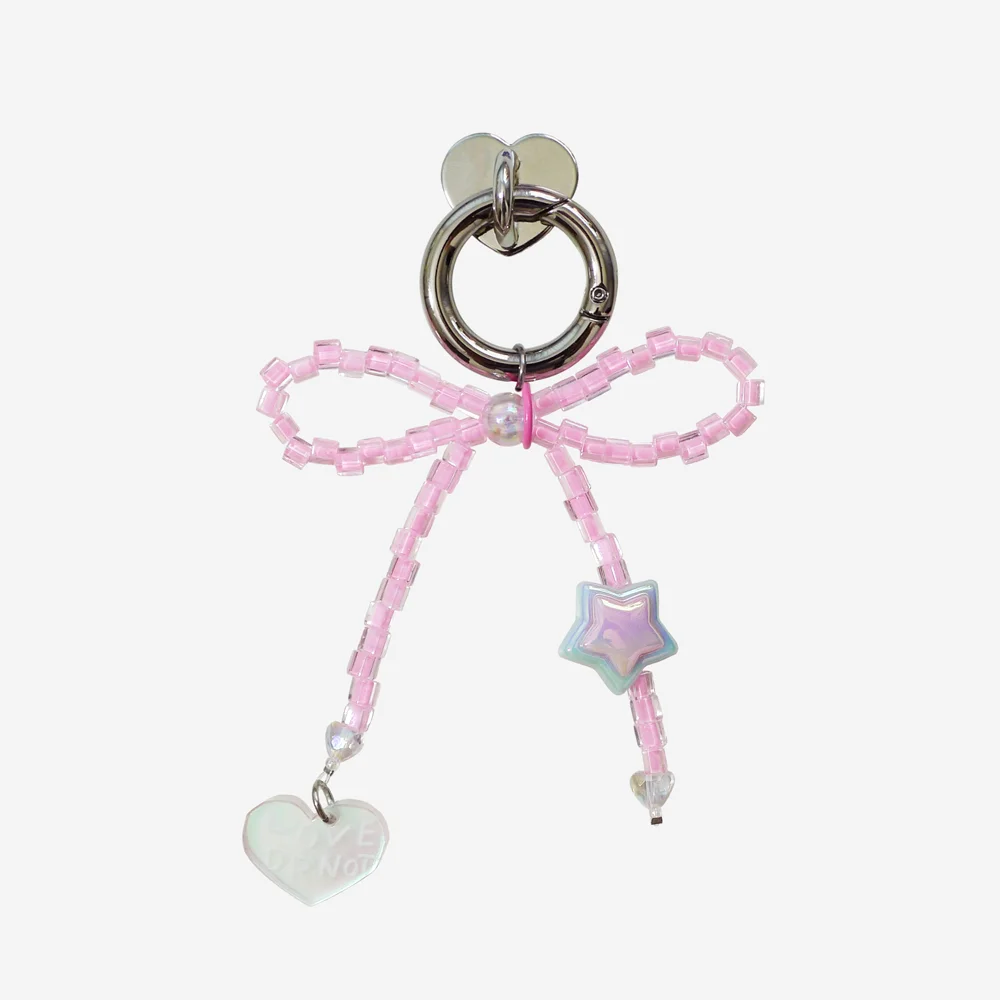 鑰匙扣&手機支架_Aurora Pink Ribbon Beads Keyring&Tok