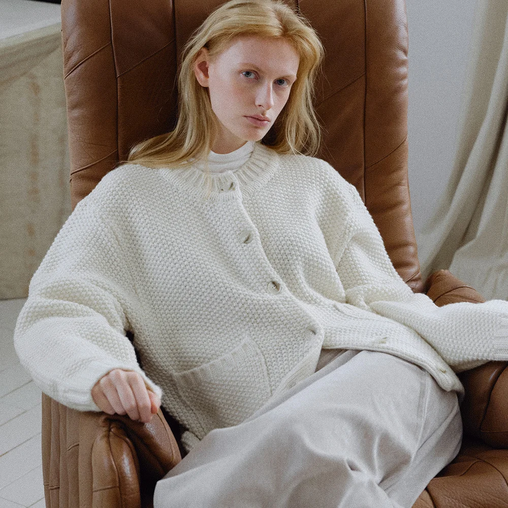 WAFFLE WOOL ROUND CARDIGAN_IVORY