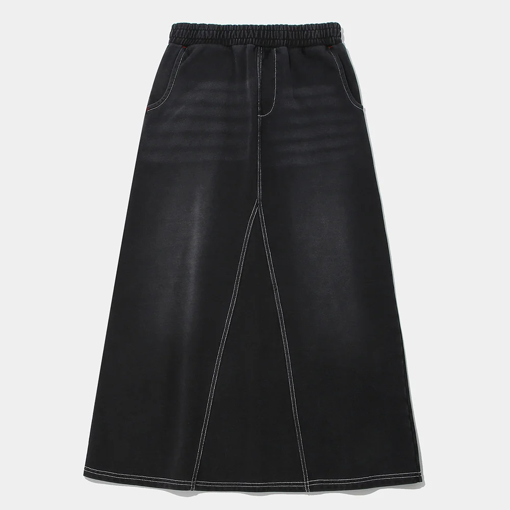 CAT WASHED DENIM TERRY A-LINE SKIRT_BLACK DENIM