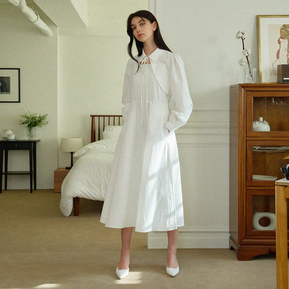 String layered long dress set - white