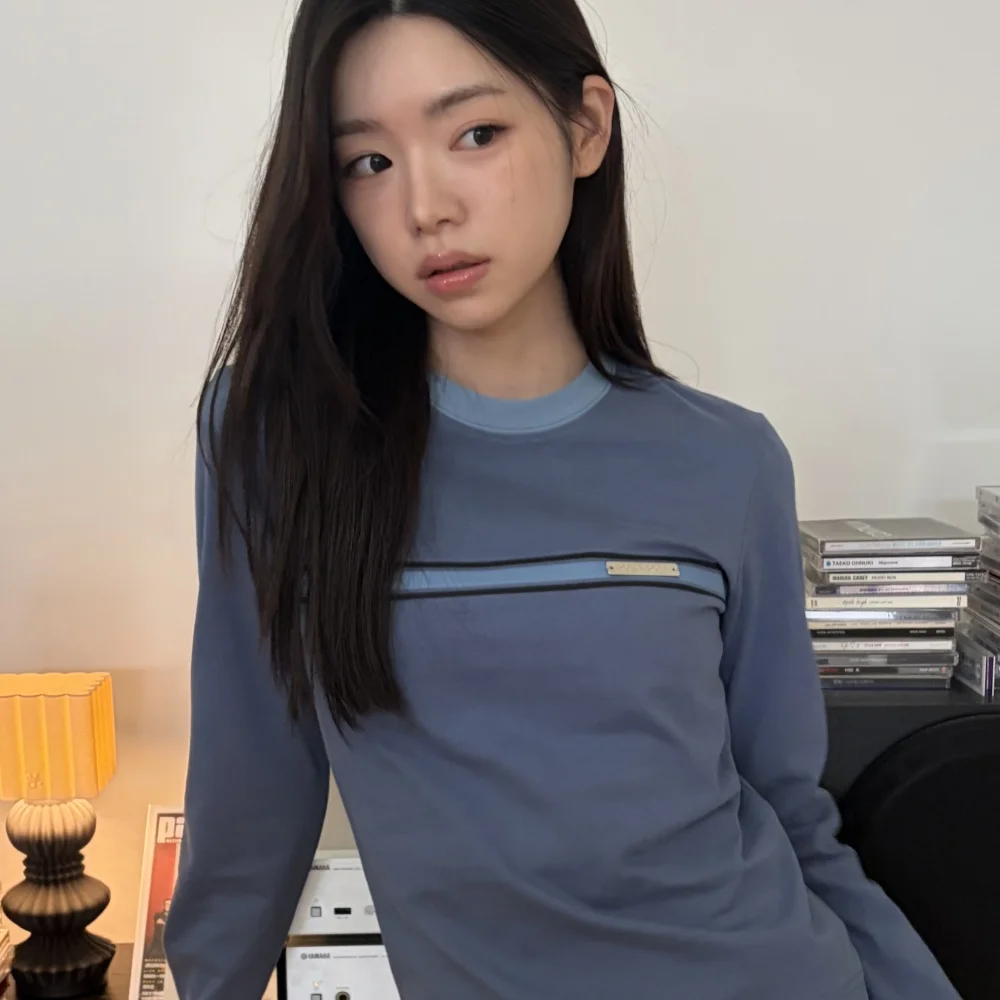 Stripe Metal Logo Point Long Sleeve Dusty Blue