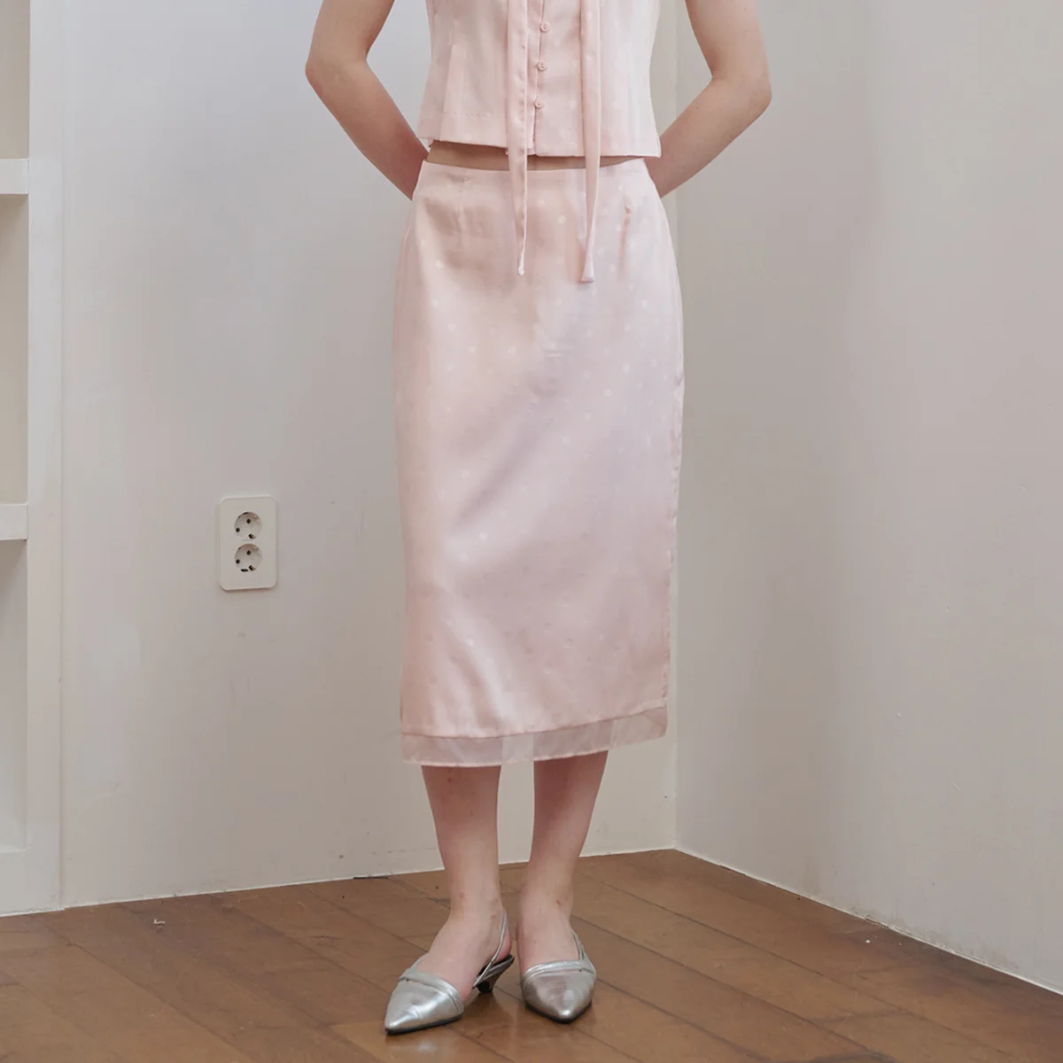 Organza Point Jacquard Satin Midi Skirt Dot Pink