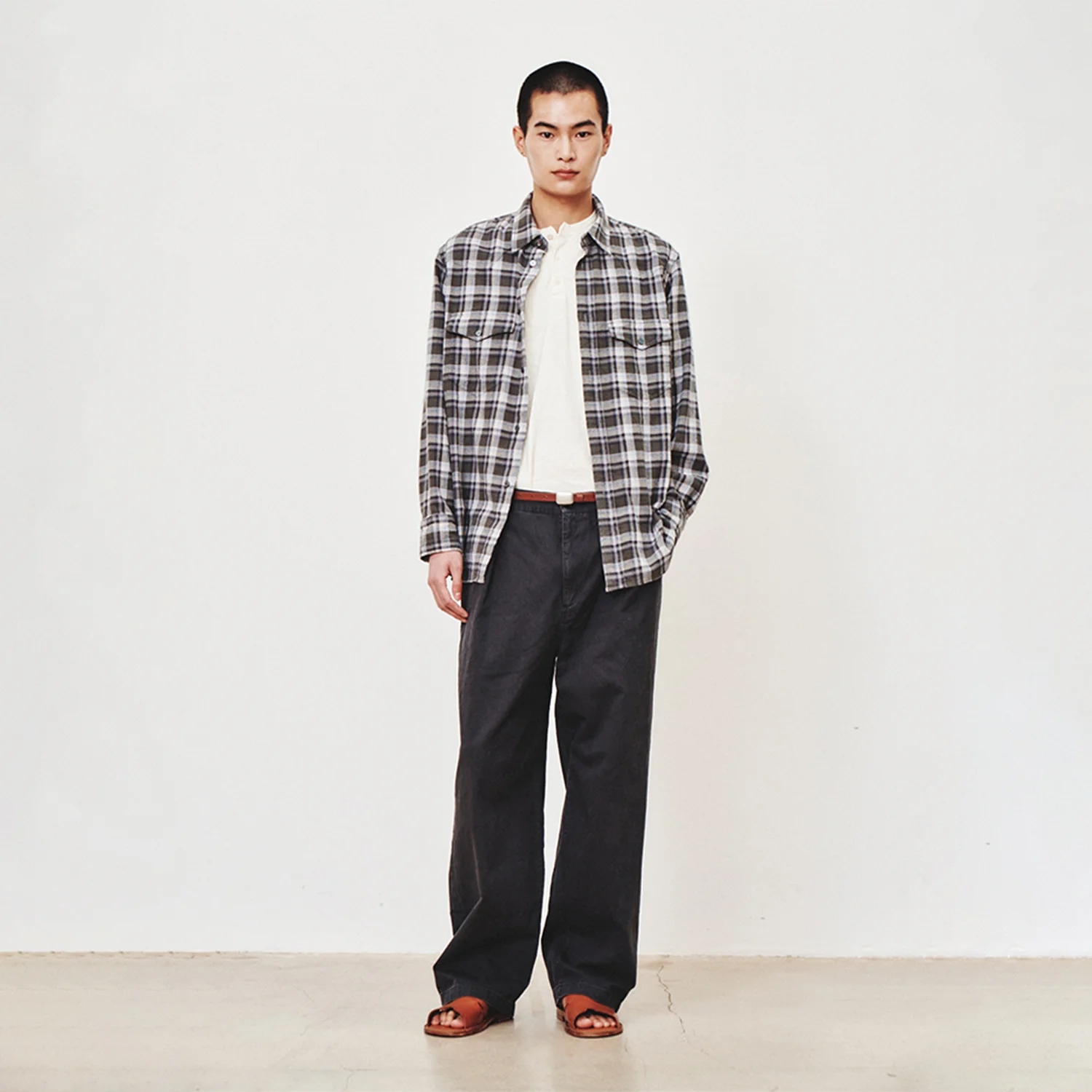 Washed Check Western Shirt_ Khaki.Grey