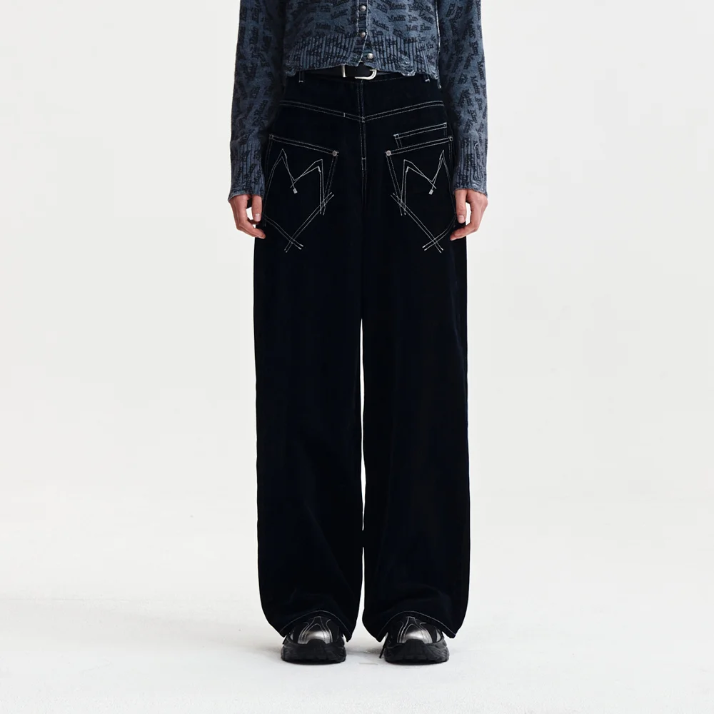 REVERSE VELVET WIDE DENIM PANTS IN NAVY