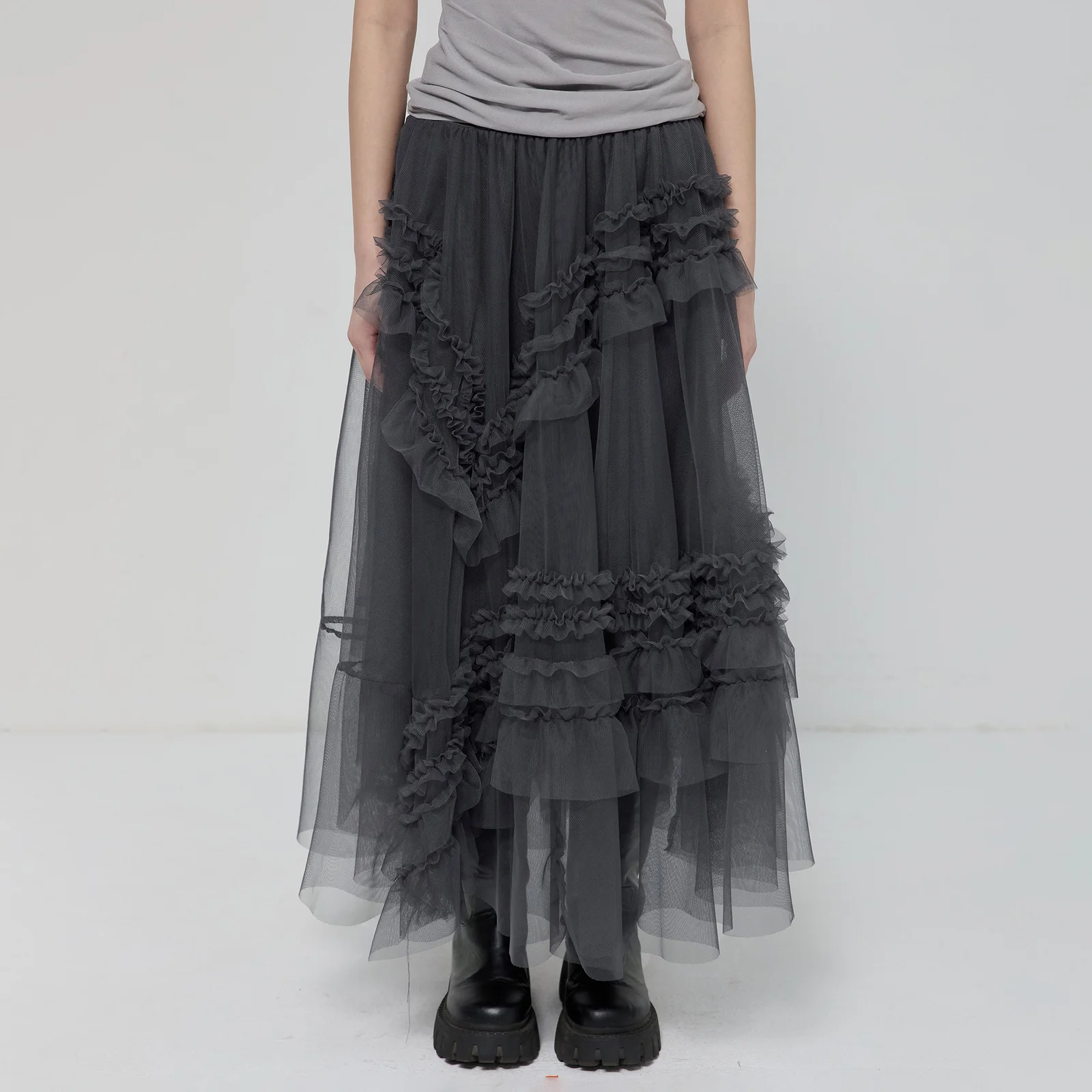 Tulle Layered Long Skirts (FL-266_Charcoal)