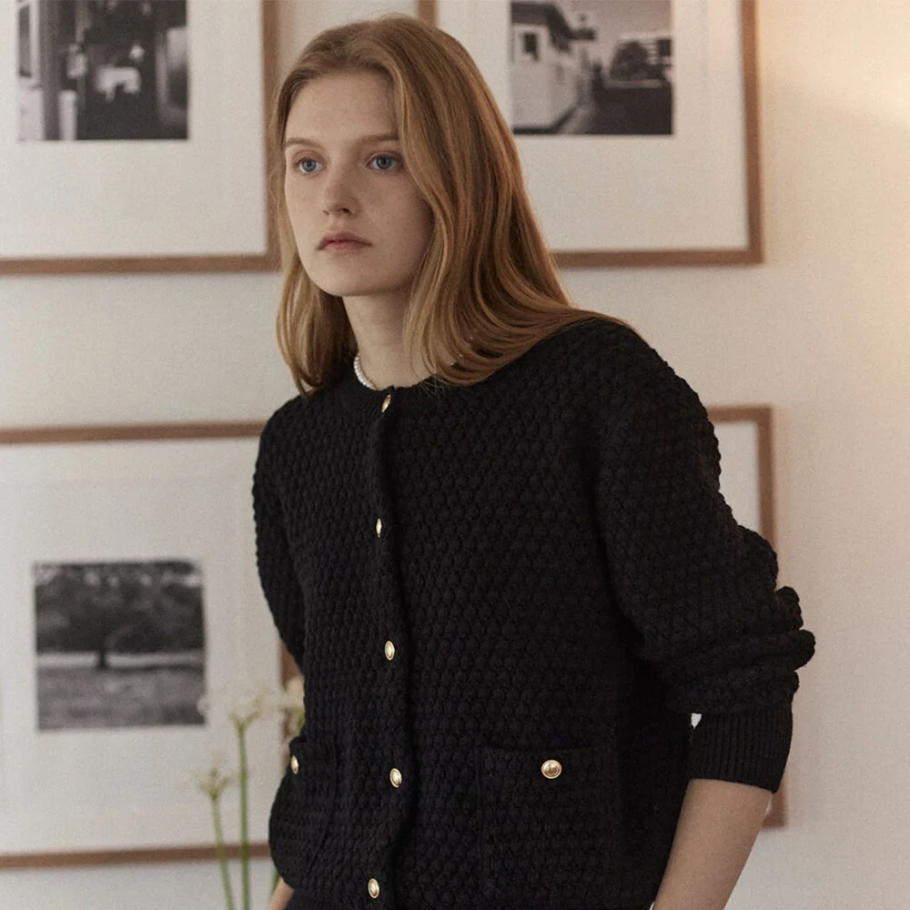 Tweed Goldish Knit Cardigan - Black