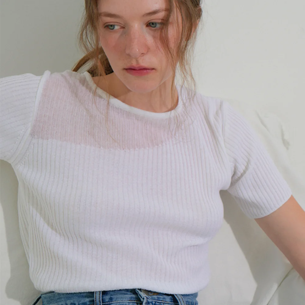 See-Through Round Ribbed Half Knit (White)