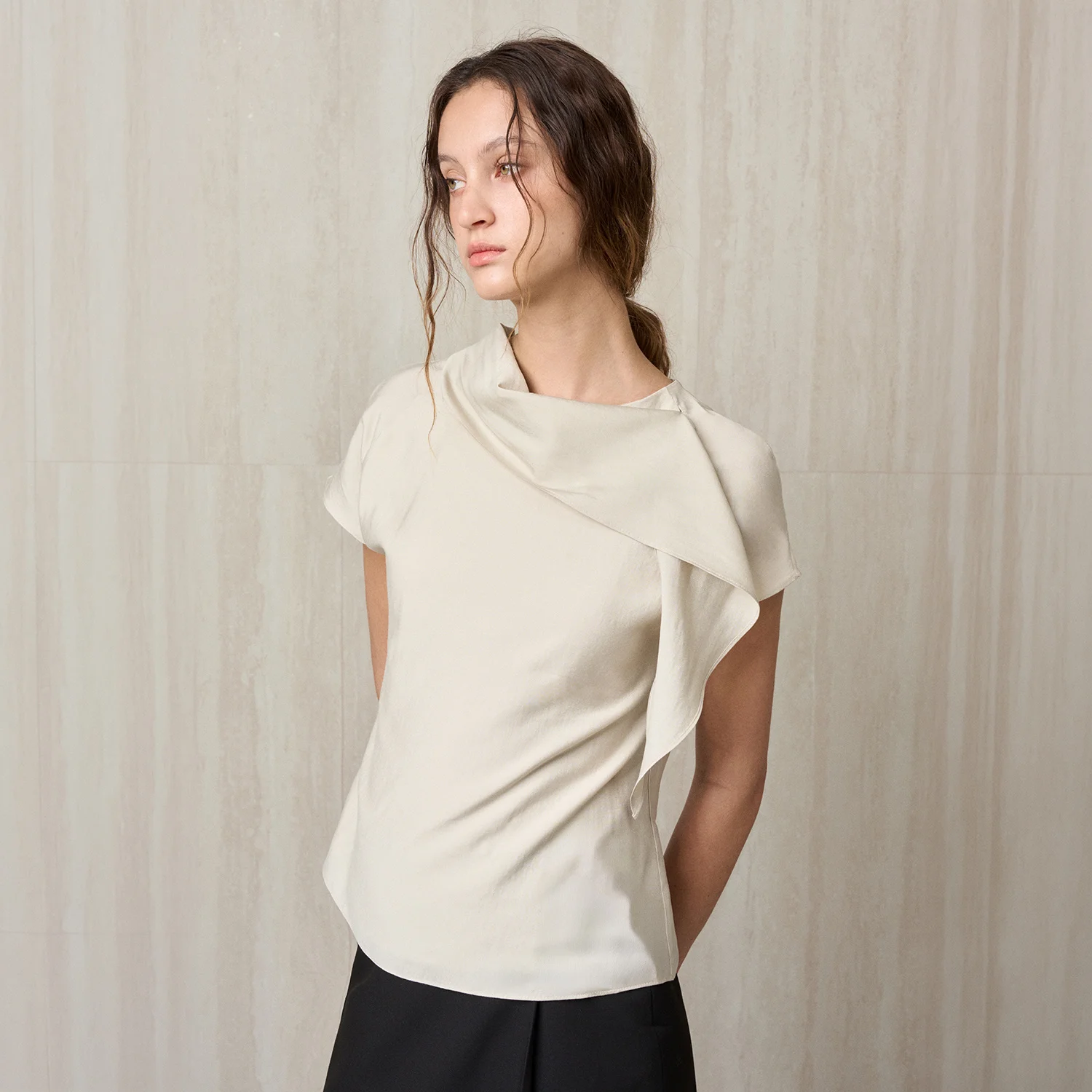 SCARF-DETAIL BLOUSE MILK TEA