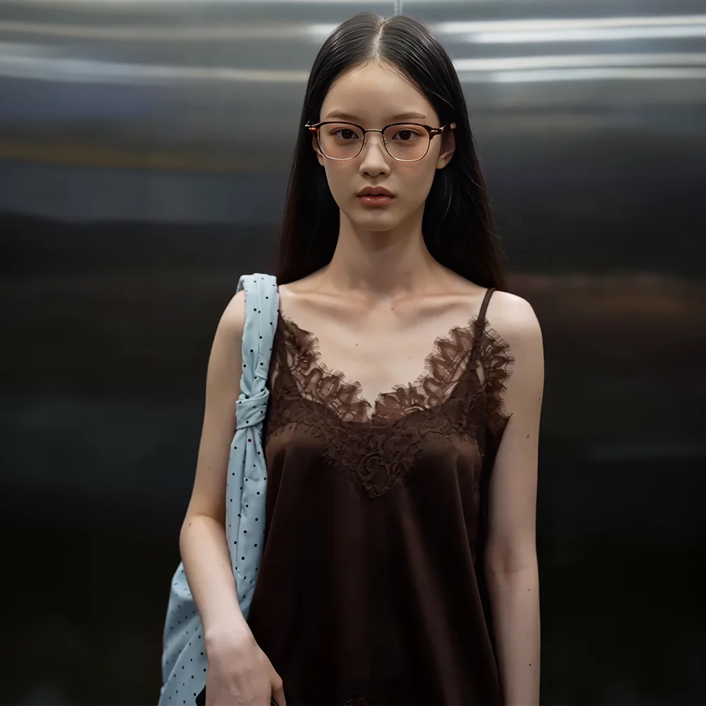 Lace Trim Satin Slip Top Brown