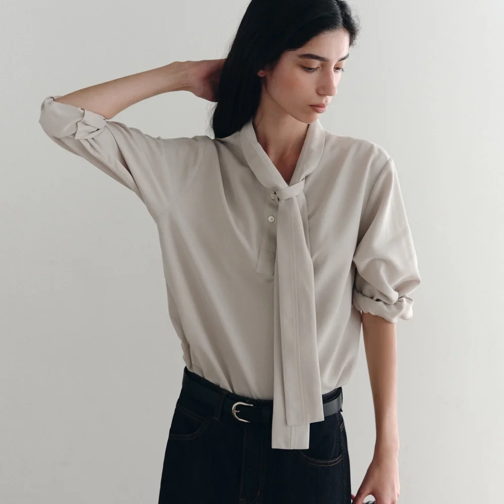 Joseph Roll-Up Tie Blouse (Greige)