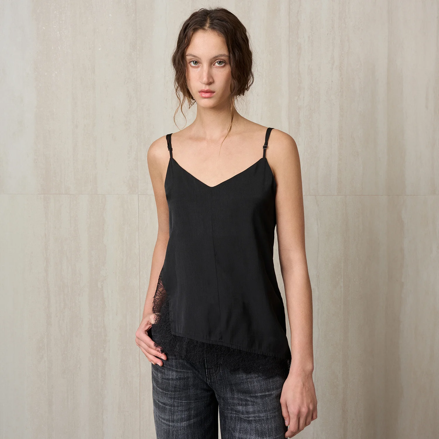 ASYMMETRIC LACE TOP BLACK