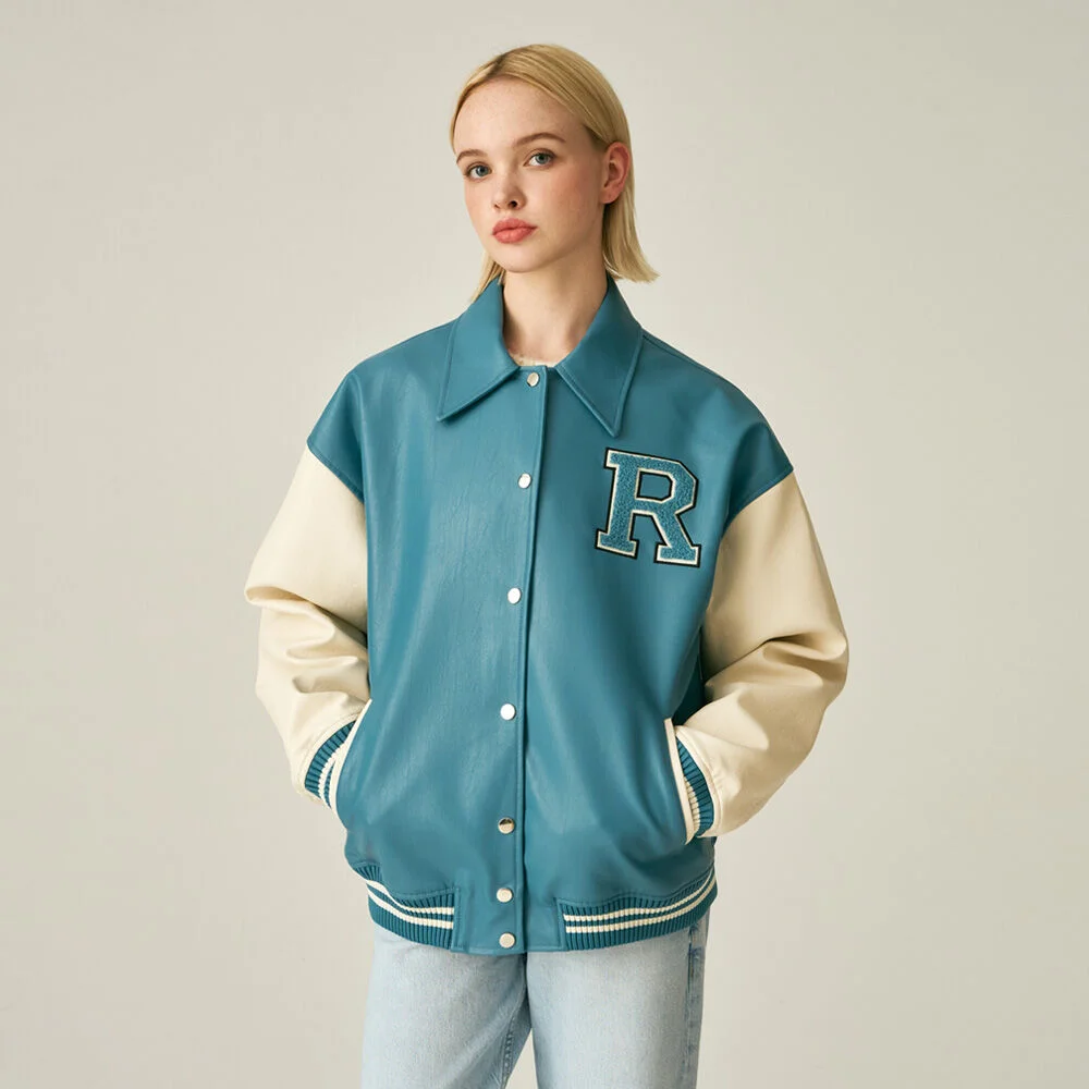 (UNISEX)9111 VARSITY LEATHER JACKET_SKY BLUE
