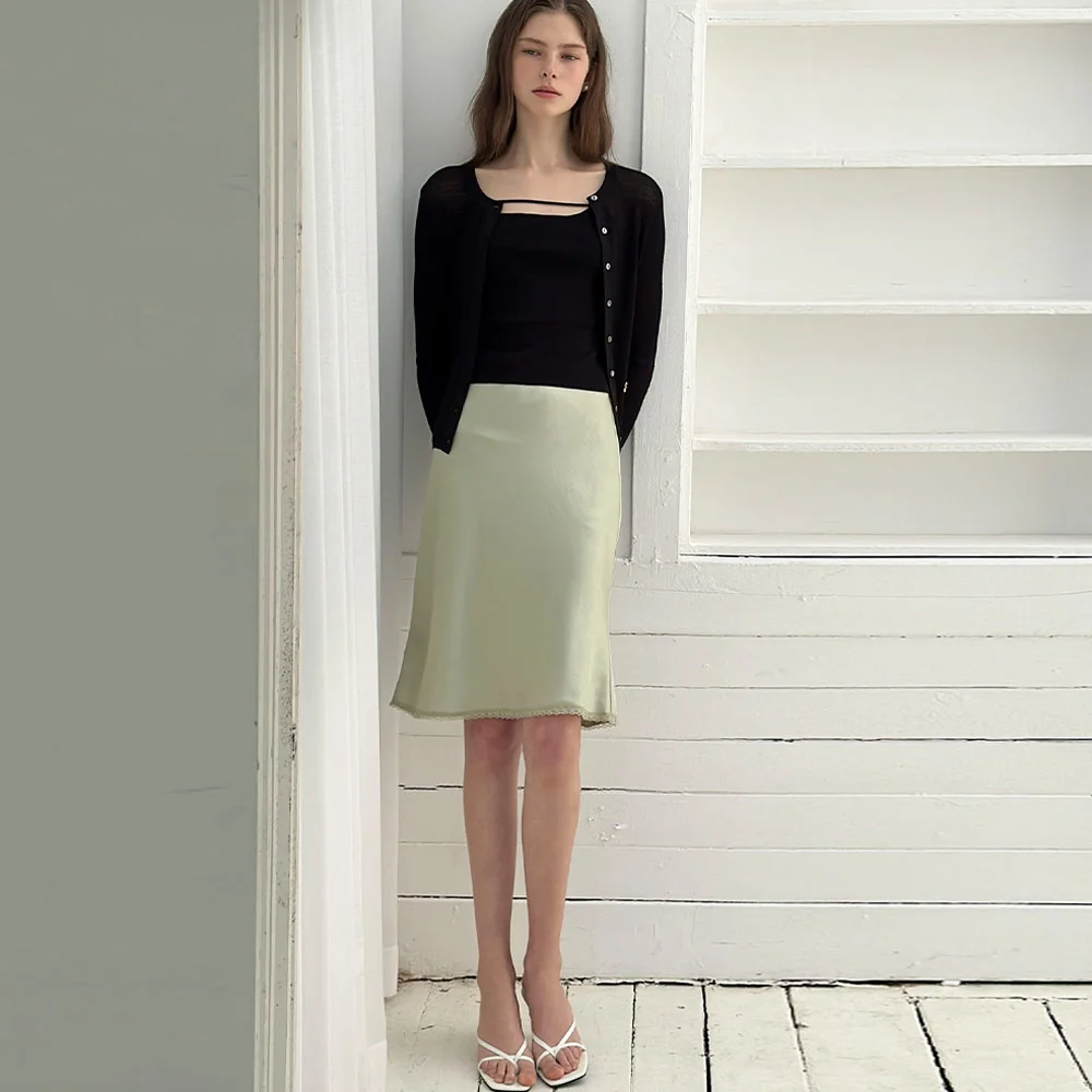 Satin midi lace Sage green skirt