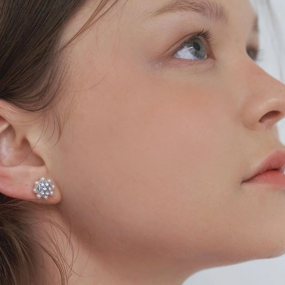 Flower Pearl & Cubic Earrings
