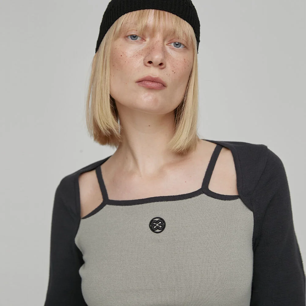 COMBI SLEEVELESS KNIT TOP - KHAKI